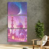 Ramadan Mosque Under a Crescent Moon three panel canvas print in a contemporary interior