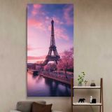 Pink Eiffel Tower at Sunset canvas wall art in a styled interior
