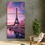 Pink Eiffel Tower at Sunset three panel canvas print in a contemporary interior