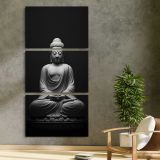 Black Buddha Meditation Statue three panel canvas print in a contemporary interior