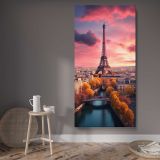 Eiffel Tower over the Seine at Sunset canvas wall art displayed in a contemporary room