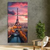Eiffel Tower over the Seine at Sunset three panel canvas print in a contemporary interior