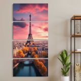 Eiffel Tower over the Seine at Sunset three panel canvas wall art room mockup