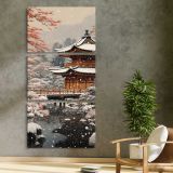 Snowy Japanese Temple three panel canvas print in a contemporary interior