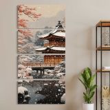 Snowy Japanese Temple three panel canvas wall art room mockup