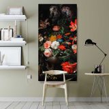Vintage Red and White Floral Still Life canvas wall art shown in a modern interior
