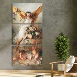Eirene 1888 vintage angel illustration by Ludwig Knaus three panel canvas print in a contemporary interior