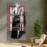 Marilyn Monroe Pop Art Backless Dress Portrait three panel canvas print in a contemporary interior