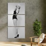 Marilyn Monroe Black Swimsuit Portrait three panel canvas print in a contemporary interior