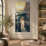 Classical Figures at a Fountain by Frederic Leighton canvas wall art displayed in an interior