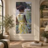 Woman in a Yellow Dress by a Garden Pond by Daniel Gerhartz canvas wall art displayed in an interior