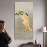 Dancing Fox with Lotus Leaf Hat 1910 by Ohara Koson canvas wall art mockup 02