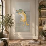 Dancing Fox with Lotus Leaf Hat 1910 by Ohara Koson canvas wall art displayed in an interior