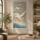 Egrets Descending in Snow by Ohara Koson canvas wall art displayed in an interior
