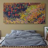 Colourful Flower Garden Art Remix — single-panel canvas above a bed with blue bedding