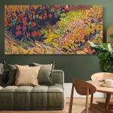 Colourful Flower Garden Art Remix — single-panel canvas above a green sofa