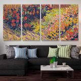 Colourful Flower Garden Art Remix — three-panel canvas arrangement above a sofa