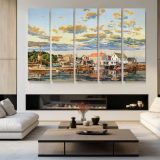 Colourful Harbour Town - multi-panel canvas displayed in a modern living room