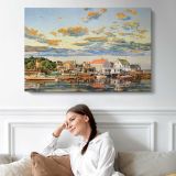 Colourful Harbour Town - single-panel canvas displayed above a sofa