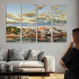 Colourful Harbour Town - multi-panel canvas displayed above a sofa