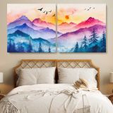 Colourful Mountain Layers and Forest — single-panel canvas in a bedroom