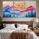 Colourful Mountain Layers and Forest — three-panel canvas above a bed