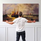 Coming Ashore by Abraham Hulk Sr. — single-panel canvas shown behind a standing person for scale