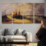 Coming Ashore by Abraham Hulk Sr. — three-panel canvas above a sofa