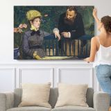 Conversation at a Cafe by Edouard Manet - single-panel canvas shown with a person for scale
