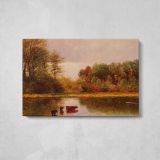Cows Watering in a Landscape by Albert Bierstadt - single-panel canvas displayed above a console table