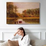 Cows Watering in a Landscape by Albert Bierstadt - single-panel canvas displayed above a sofa