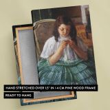 Girl Sewing in a Green Skirt by Mary Cassatt canvas print, front and back view