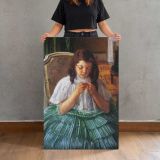 Girl Sewing in a Green Skirt by Mary Cassatt canvas print, held for scale