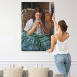 Girl Sewing in a Green Skirt by Mary Cassatt canvas print, displayed on a wall