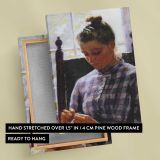 Girl Sewing beside a Window canvas print, front and back view