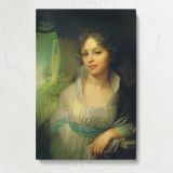Young Woman beside a Green Curtain canvas print, front view