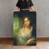 Young Woman beside a Green Curtain canvas print, held for scale