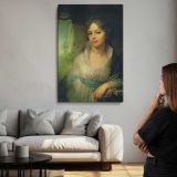 Young Woman beside a Green Curtain canvas print, room display