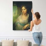 Young Woman beside a Green Curtain canvas print, displayed on a wall