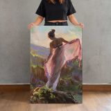 Woman Holding Pink Fabric in a Landscape by Daniel Gerhartz canvas print, held for scale