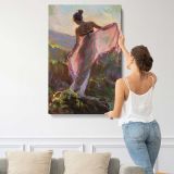 Woman Holding Pink Fabric in a Landscape by Daniel Gerhartz canvas print, displayed on a wall