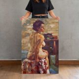 Erin Posing beside a Window by Aaron Coberly canvas print, held for scale