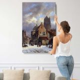 Figures In A Snowy Village Street by Adrianus Eversen canvas print, displayed on a wall