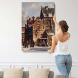 Figures In The Streets Of A Wintry Town by Adrianus Eversen canvas print, displayed on a wall