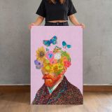 Floral Van Gogh Portrait on Pink canvas print, held for scale