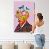 Floral Van Gogh Portrait on Pink canvas print, displayed on a wall