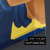 Woman Flexing in Blue Workwear canvas print, canvas edge detail