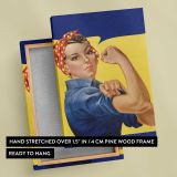 Woman Flexing in Blue Workwear canvas print, front and back view