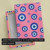 Blue Evil Eye Pattern on Pink canvas print, front and back view