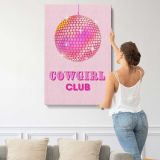 Cowgirl Club Pink Disco Ball canvas print, displayed on a wall